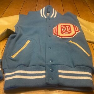 Vintage 50s Doe-Lon Sports Varsity Letterman Jacket Size 42 Sand Knit Blue